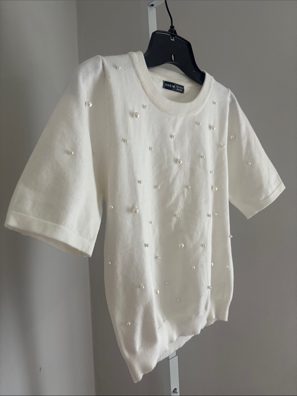 Ivory Cream Short-Sleeve Pearl-Embellished Sweater Knit Preppy Size Small